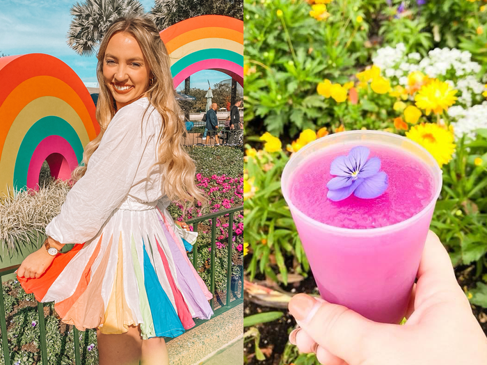 kayleigh posing in front of rainbow statues at epcot next to photo of hand holding a cup of frozen violet lemonade