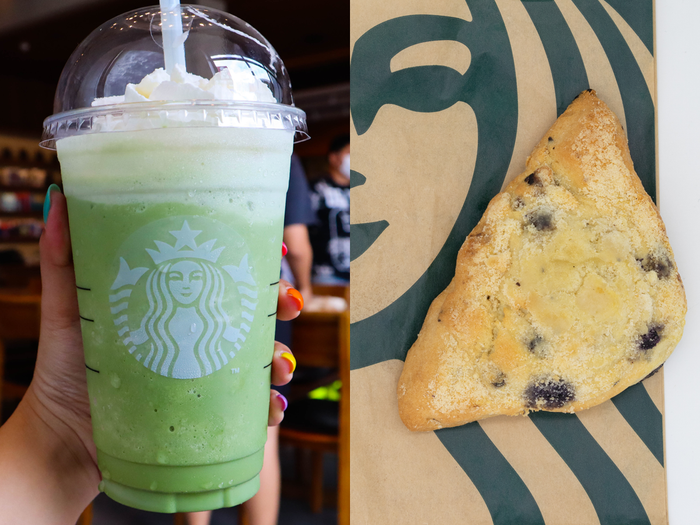 hand holding matcha frappuchino at starbucks next to blueberry scone on a starbucks pastry bag