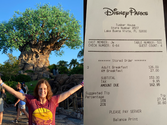 kari posing in front of animal kingdom tree of life next to a recipt from tusker house in animal kingdom