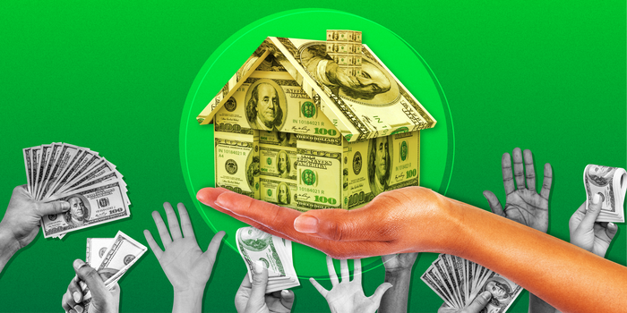 Bidding war, hand holding a house made of money with other hands reaching up 2x1