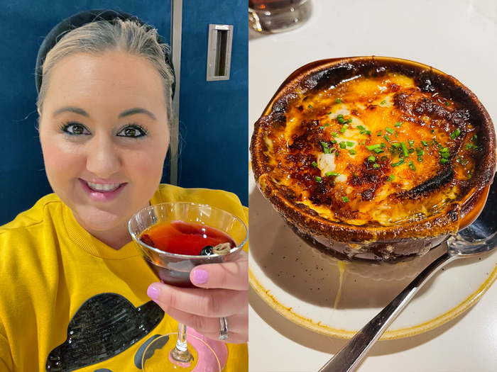 carly posing for a selfie with a red cocktail next to a bowl of french onion soup from steakhouse 71 restaurant