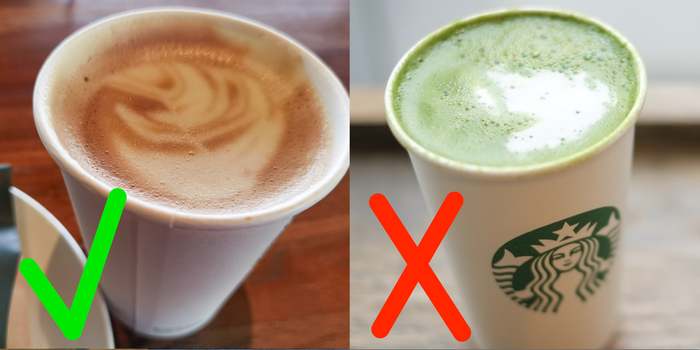 green checkmark over a cappuccino from starbucks and a red x over a macha latte from starbucks