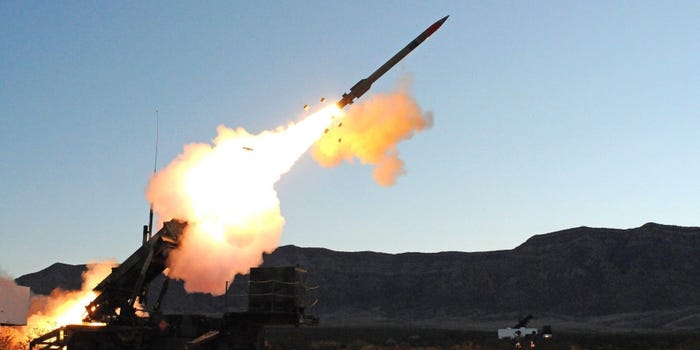 A shot of a Patriot missile battery firing an interceptor in a US Army test. The Patriot missile defense system is a ground-based interceptor able to eliminate airborne threats.