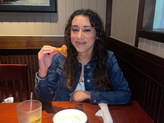 The writer eats popcorn shrimp at Red Lobster