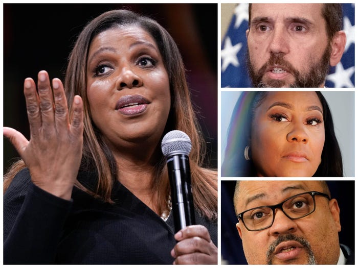 This composite photo shows New York Attorney General Letitia James, left. Right, from top, are Special Counsel Jack Smith, Fulton County District Attorney Fani Willis, and Manhattan District Attorney Alvin Bragg