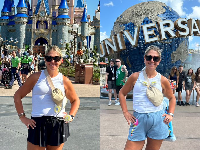 terri posing in front of cinderella castle at disney world and in front of the universal globe in universal