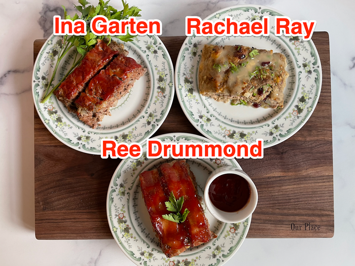 Three different meatloaf dishes on patterned plates, labelled "Ina Garten," "Rachael Ray," and "Ree Drummond" in red lettering.