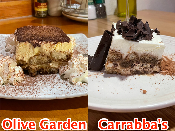 A composite image of tiramisu at Olive Garden and tiramisu at Carrabba's.