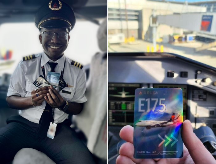 An airline pilot holding the trading cards next to a picture of another pilot holding an E175 trading card.