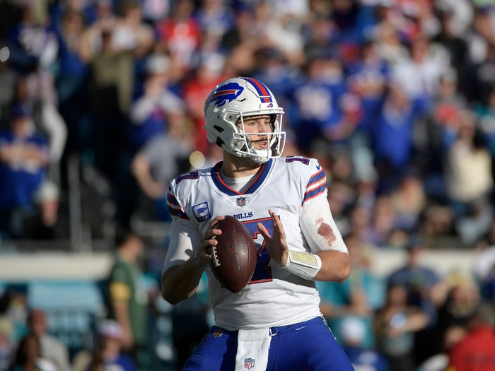 Josh Allen gets set to pass against the Jacksonville Jaguars.