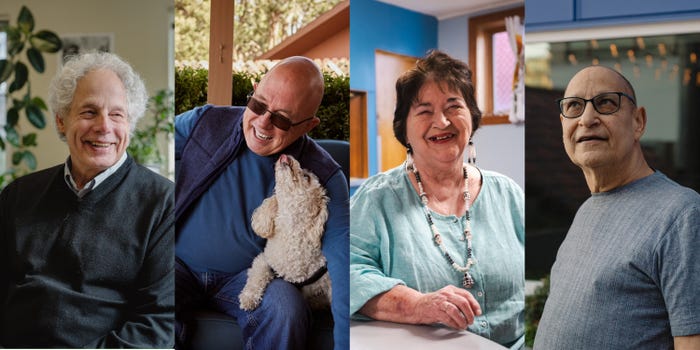 4 image split collage of four older adults, all smiling