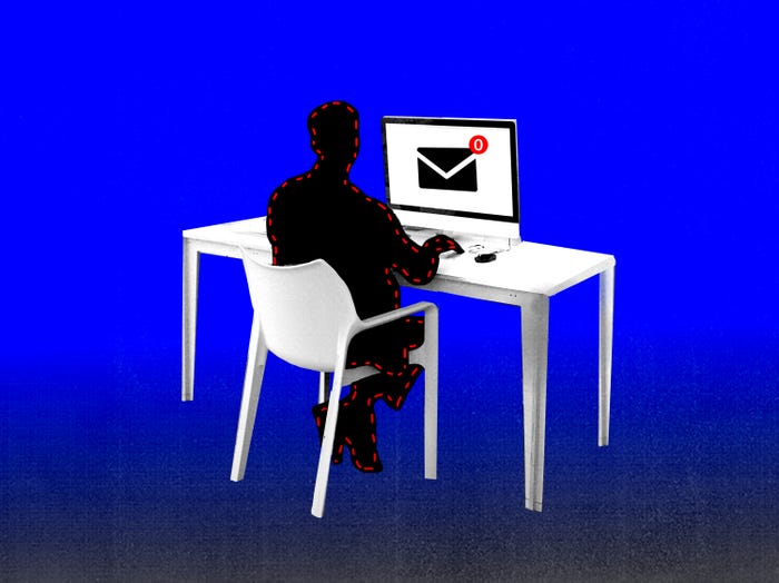 Photo illustration of a cut out person sitting at a computer.