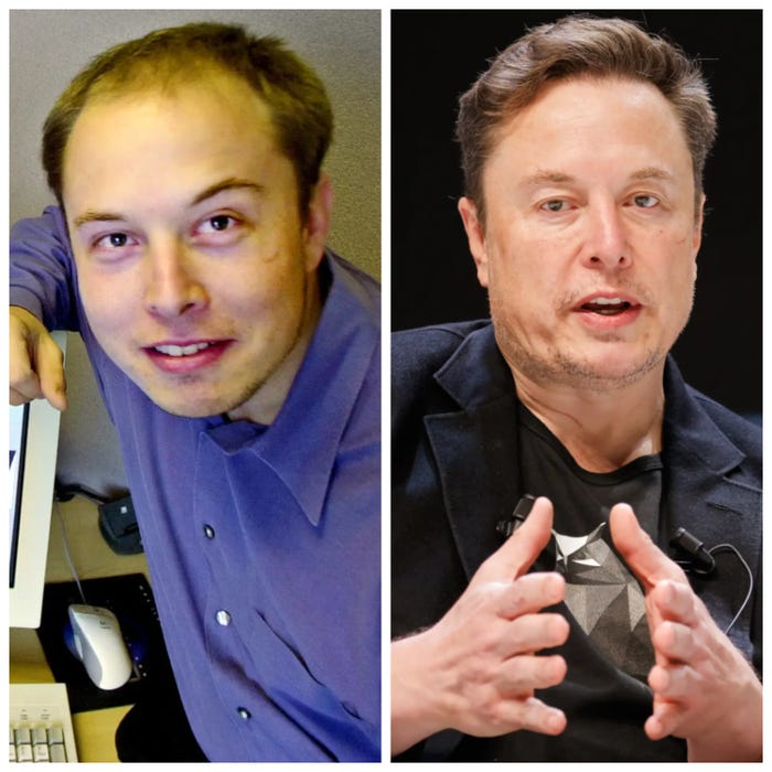 side-by-side of Elon Musk in PayPal's early days in 1999 and then in 2024