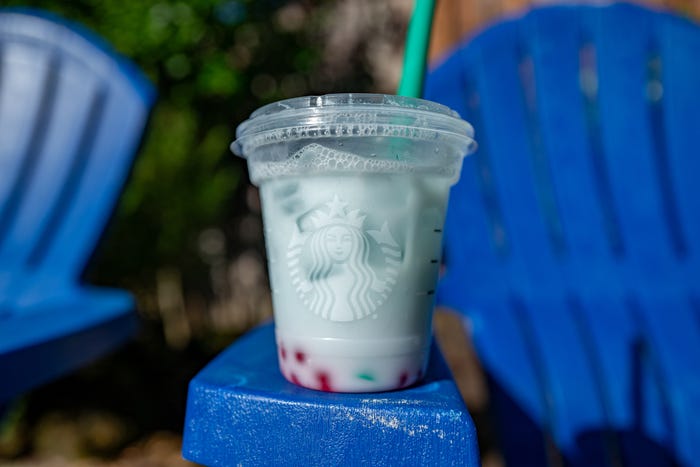 Close-up of a Starbucks Summer Skies drink, a new drink featuring coconut milk and boba pearls, in Lafayette, California, May 10, 2024.