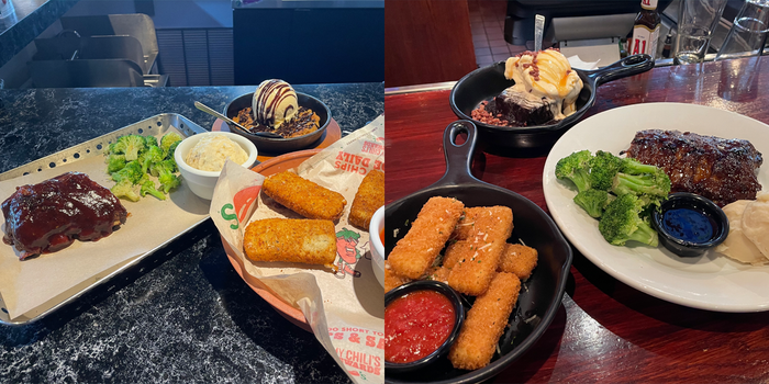 intercut photos of meals from chili's and tgi fridays