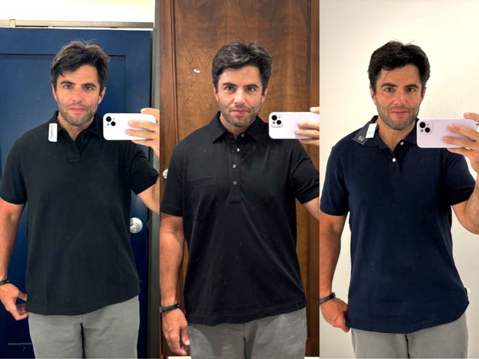 Ted wearing three different black polos. On the left, a polo from Old Navy. In the middle, a polo from Banana Republic with four buttons going down the top. On the right, a polo from Gap with two buttons going down the top.