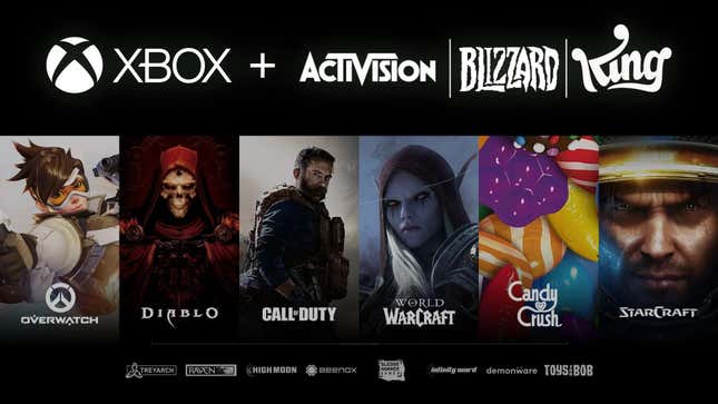 Les marques Microsoft et Activision Blizzard apparaissent sur un fond noir. 