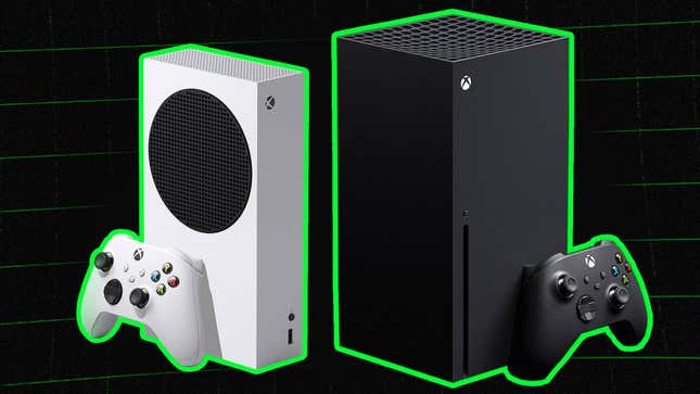 An Xbox Series S and X sit in front of a neon green grid. 