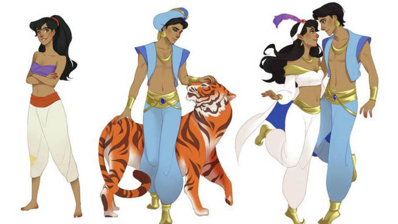 Aladdin and Jasmine from the animated Disney movie with their genders swapped