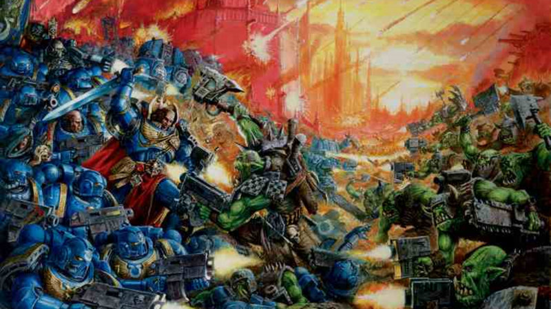 Warhammer 40k painting of battle between space marines and orks.