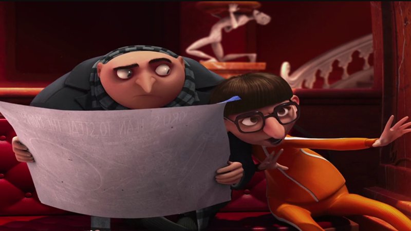 gru reading a map while vector is passionately describing something