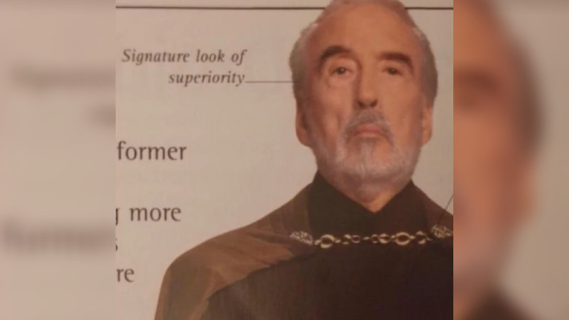 Christopher Lee as Count Dooku in Star Wars giving his signature look of superiority.