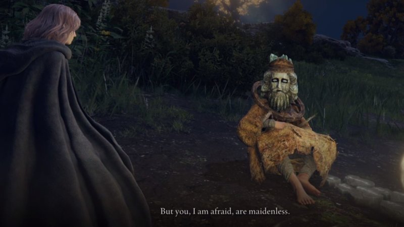 No Maidens meme depicting a scene from the game Elden Ring of two characters talking with the dialogue, "you are maidenless."