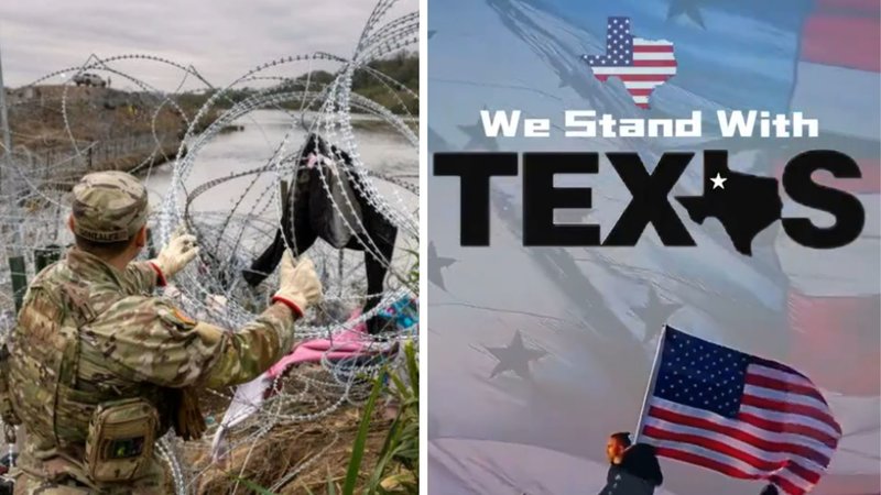 Texas wiring border with Mexico and image of a man holding the United States flag under the slogan We Stand With Texas.