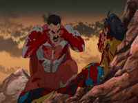 Omni-man standing over the beaten body of Invincible and lecturing him.