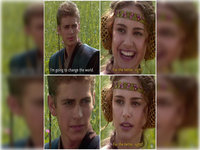 For the Better, Right? meme format depicting anakin skywalker talking to padme in a four-panel comic from star wars attack of the clones.