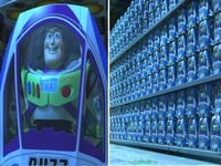 A cropped version of the Buzz Lightyear Clones meme template depicting the character buzz lightyear from toy story alongside rows of his clones in toy boxes on a store shelf.