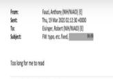 From: Fauci, Anthony (NiH/NIAID) [E] Thu, 19 Mar 2020 02:12:30 +0000 Eisinger, Robert (NIH/NIAID) [E] FW: typo, etc. fixed, Sent: To: Subject: )( Too long for me to read