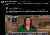 Tyler Austin Harper @Tyler_A_Harper • 10h This is the last face you see on your Ring doorbell camera when The Purge starts. Yashar Ali @yashar 10h I've watched thousands of hours of political videos in the past 20 years and I have never seen anything like Senator Katie Britt's rebuttal to the State of the Union. - ►MONTGOMERY, AL LIVE 9:56 PM CT + FOX SENATOR KATIE BRITT REBUTTAL OF BIDEN ADDRESS NEWS channel * THE REP 0:03/1:26NCC × ON 71