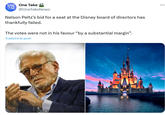 ONE One Take TAKE NEWS @OneTakeNews Nelson Peltz's bid for a seat at the Disney board of directors has thankfully failed. The votes were not in his favour "by a substantial margin". Traduire le post