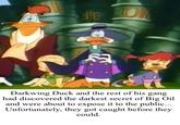 A Darkwing Duck and the rest of his gang had discovered the darkest secret of Big Oil and were about to expose it to the public... Unfortunately, they got caught before they could.