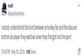 noah @capsboybebop nobody understands the bond between a hockey fan and the obscure bottom six player they watched when they first got into the sport 12:43 PM - May 16, 2024 1.1M Views