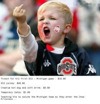 Ticket for his first 0SU Michigan game$30.00 0SU jersey $40.00 S tadium hot dog and soft drink $8.00 Temporary tatoo: $3.00 Teaching him to salute the Michigan team as they enter the Shoe Priceless.