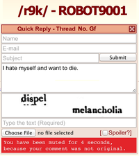 /r9k/ - ROBOT9001 Quick Reply -Thread No. Gf Name E-mail Subject I hate myself and want to die. Submit dispel melancholia Type the text (Required) OSpoiler?] Choose File no file selected You have been muted for 4 seconds because your comment was not original.