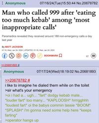 Anonymous 07/16/24(Tue)15:50:44 No.20678782 Man who called 999 after 'eating too much kebab' among 'most inappropriate calls' Paramedics revealed they received around 188 non-emergency calls a day last year By MATT JACKSON 01:16, Wed, Jan 24, 2024 | UPDATED: 01:16, Wed, Jan 24, 2024 >>20681893 # in BOOKMARK ☐ 17 Anonymous >>20678782 # 07/17/24(Wed)18:19:02 No.20681893 i like to imagine he dialed them while on the toilet >sir what's your emergency >oi i had a... ugh... *fart* dodgy kebab mate... *louder fart* too many... *KAPLOOSH* hrrrgghhh *loudest fart* oi the babys commin lassie *BOOM* *SPLASH* i'm gonna need some help here *keeps farting* >operator hangs up
