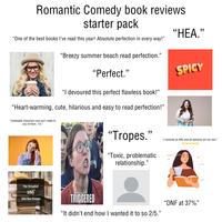 Romantic Comedy book reviews starter pack "One of the best books I've read this year! Absolute perfection in every way!" "Breezy summer beach read perfection." "Perfect." "I devoured this perfect flawless book!" "Heart-warming, cute, hilarious and easy to read perfection!" "HEA." SPICY "Unlikeable characters and can't relate to any of them. 1/5." The Dreaded DNF (Did Not Finish) ATH "Tropes." "Toxic, problematic relationship." 21 "I received an ARC and all opinions are my own." TRIGGERED “It didn't end how I wanted it to so 2/5." "DNF at 37%"