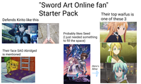 Defends Kirito like this "Sword Art Online fan" Starter Pack Their top waifus is one of these 3 A-2-4-7 Their face SAO Abridged is mentioned & Probably likes Seed (I just needed something to fill the space) MOBILE SUIT GUNDAM SEED GUNDAM FREEDOM Here's Mine