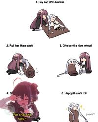 1. Lay sad elf in blanket 2. Roll her like a sushi 3. Give a roll a nice twintail 4. Di WS atokibi We shall skip step 4 5. Happy lil sushi roll @titaniiyan