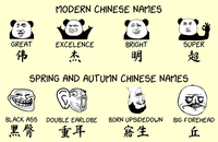 MODERN CHINESE NAMES GREAT EXCELENCE BRIGHT SUPER 伟 木 超 明 SPRING AND AUTUMN CHINESE NAMES BLACK ASS DOUBLE EARLOBE BORN UPSIDEDOWN BIG FOREHEAD 黑臀 重耳 寤生 丘