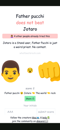 Father pucchi does not beat Jotaro 4 other people already tried this Jotaro is a Stand user, Father Pucchi is just a weird priest. No contest. whatbeatsrock.com XX score: 2 Father pucchi Jotaro The world rock Share AAA Your initials submit score follow the creators khoi & kyle join the community on discord