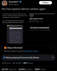 brandon* @brndxix Follow the free speech demon strikes again of "protected users" that are allowed to break the Terms of Service without consequence. Even including a list of whitelisted slurs. Also worth mentioning that all of the listed accounts are right-wing in their contents. everyone prepare for twitter shitstorm, someone found exposed okta configs for twitter Anti-Fascist Turtle @TheAntifaTurtle 525 Following 22.4K Followers protected-users.twitter.akta.com/ 1721835914 sers [Endokeness, ClownWorld.. TrumpDailyPosts, TrumpWarRoom, Trump, realDonaldTrump, POTUS45, Donald Trumple, EricTrump, TeanTrump, elanmask, ElonHuskAOC, ElonHuskPD, ElenHusk PDA, DogeDesigner, Cobratate, TateTheRailsman, LibsOfTiktok, Russia, afa.russia) vordlist-ignore-for-protected-users Ifag, illegal, kys, nini abbie, sbeed, aboe, larky, c---, think, chingchong, chinky, chola, cotton, picker, d---, darkass, d-----, darky, dothead, illegal, Mexican, jew] ignore-wordlist-regex [EndWokeness, ClownWorld.. TrumpDailyPosts, on, Trump, realDonaldTrum DonaldTrumpJr, EricTrump, Account suspended X suspends accounts that violate Our Rules. Stay Informed Manipulated media Find out more Rate proposed Community Notes 5:59 p.m. 24 Jul 24.4M Views . 24.7K Reposts 2,093 Quotes 126K Likes