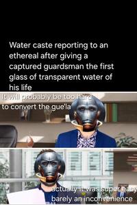 Water caste reporting to an ethereal after giving a captured guardsman the first glass of transparent water of his life It will probably be too hard to convert the gue'la actually it was super easy barely an inconvenience TO ALR