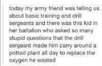 today my army friend was telling us about basic training and drill sergeants and there was this kid in her battalion who asked so many stupid questions that the drill sergeant made him carry around a potted plant all day to replace the oxygen he wasted