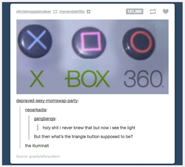 christmaszeindeer myrandaktta 121,360 X BOX 360 depraved-sexy-momswap-party: neoarkadia: gangbangs h-------- i never knew that but now i see the light But then what's the triangle button supposed to be? the illuminati Source: gravityisforsuckers