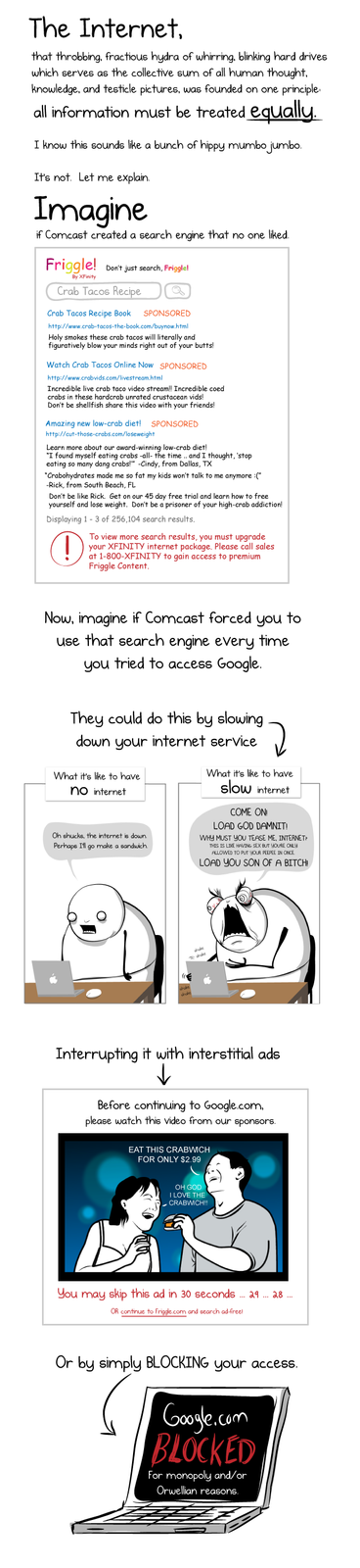 ne Infernet that throbbing, fractious hydra of whirring, blinking hard drives which serves as the collective sum of all human thought knowledge, and testicle pictures, was founded on one principle all information must be treated equally I know this sounds like a bunch of hippy mumbo jumbo It's not. Let me explain. Imagine if Comcast created a search engine that no one liked riggle! Don' just search, Frigglel By XFnity Crab Tacos R Crab Tacos Recipe Book SPONSORED http://www.crab-tacos-the-book.com/buynow.htm Holy smokes these crab tacos will literally and figuratively blow your minds right out of your butts Watch Crab Tacos Online Now SPONSORED http://www.crabvids.com livestrecmhtm Incredible live crab taco video streaml Incredible coed crabs in these hardcrab unrated crustacean vids! Don't be shellfish share this video with your friends low-crab diet! SPONSORED Amazing new http://cut-those-crabs.com/loseweight Learn more about our award-winning low-crab diet! I fourd myself eating crabs all- the time . and I thought, 'stop eating so many darg crabs -Cindy, from Dallas, TX Crabohydrates made me so fat my kids won't talk to me anymore ( Rick, from South Beach, FL Don't be like Rick. Get on our 45 day free trial and learn how to free yourself and lose weight. Dont be a prisoner of your high-crab addiction! Displaying 1-3 of 256,104 search results. DEre To view more search results, you must upgrade your XFINITY internet package. Please call sales at 1-800-XFINITY to gain access to premium Friggle Content : Now, imagine if Comcast forced you to use that search engine every time you tried to access Google They could do this by slowing down your internet service What it's like to have nO internet What it's like to have SIOW internet COME ON LOAD GOD DAMNIT WHY MUST YOU TEASE ME, INTERNET LLOWED TO PUT YOUR PEEPEE IN ONCE LOAD YOU SON OF A BITCH Oh shucks. the internet s doun Perhope Itl go make a sarduich Interrupting it with interstitial ads Before continuing to Google.com. please watch this video from our sponsors. EAT THIS CRABWCH FOR ONLY $2.99 OH GOD I LOVE THE CRABWCH You may skip this ad in 30 seconds 29 OR continue to friace comm and search ad freel Or by simply BLOCKING your access .Com LOCKED For monopoly and/or Orwellian reasons.