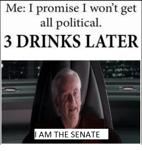 Me: I promise I won't get all political. 3 DRINKS LATER I AM THE SENATE